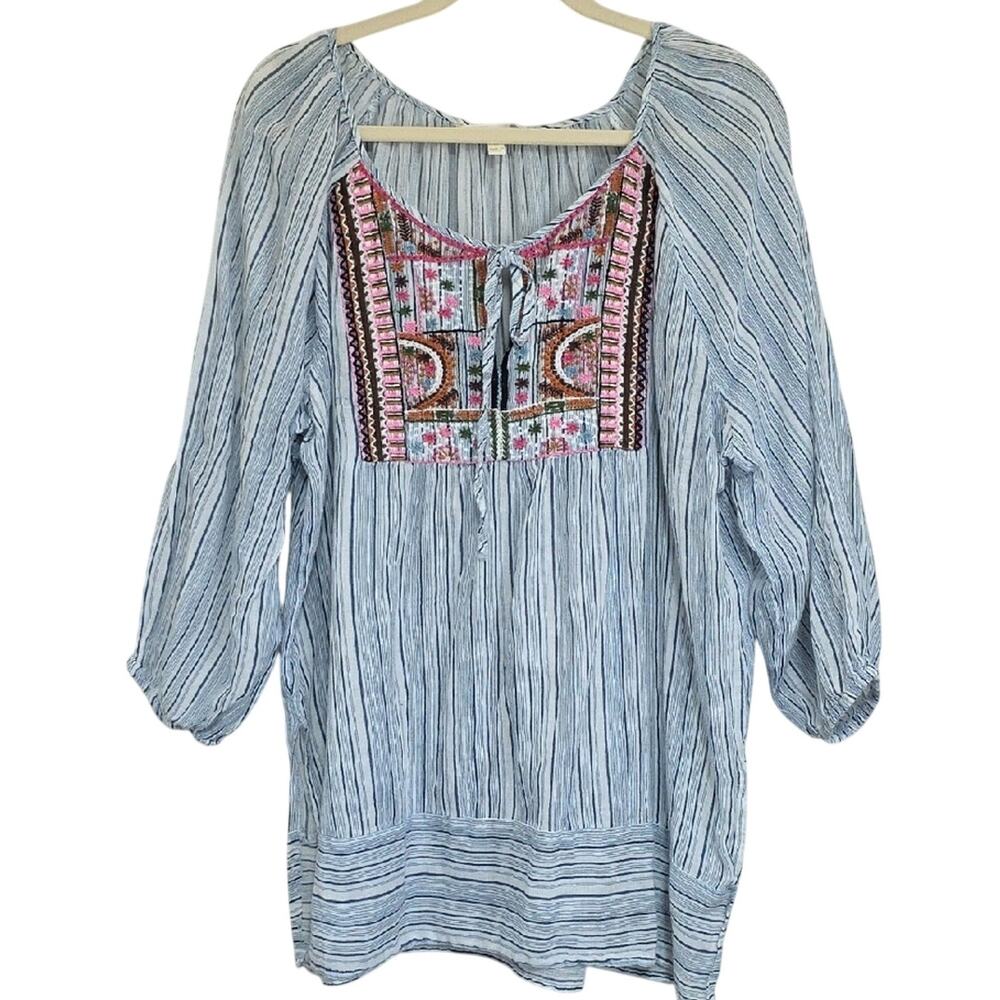 Adiva Womens Sz 1X Blue and White Embroidered Beach BOHO Semi-Sheer Tunic Top
